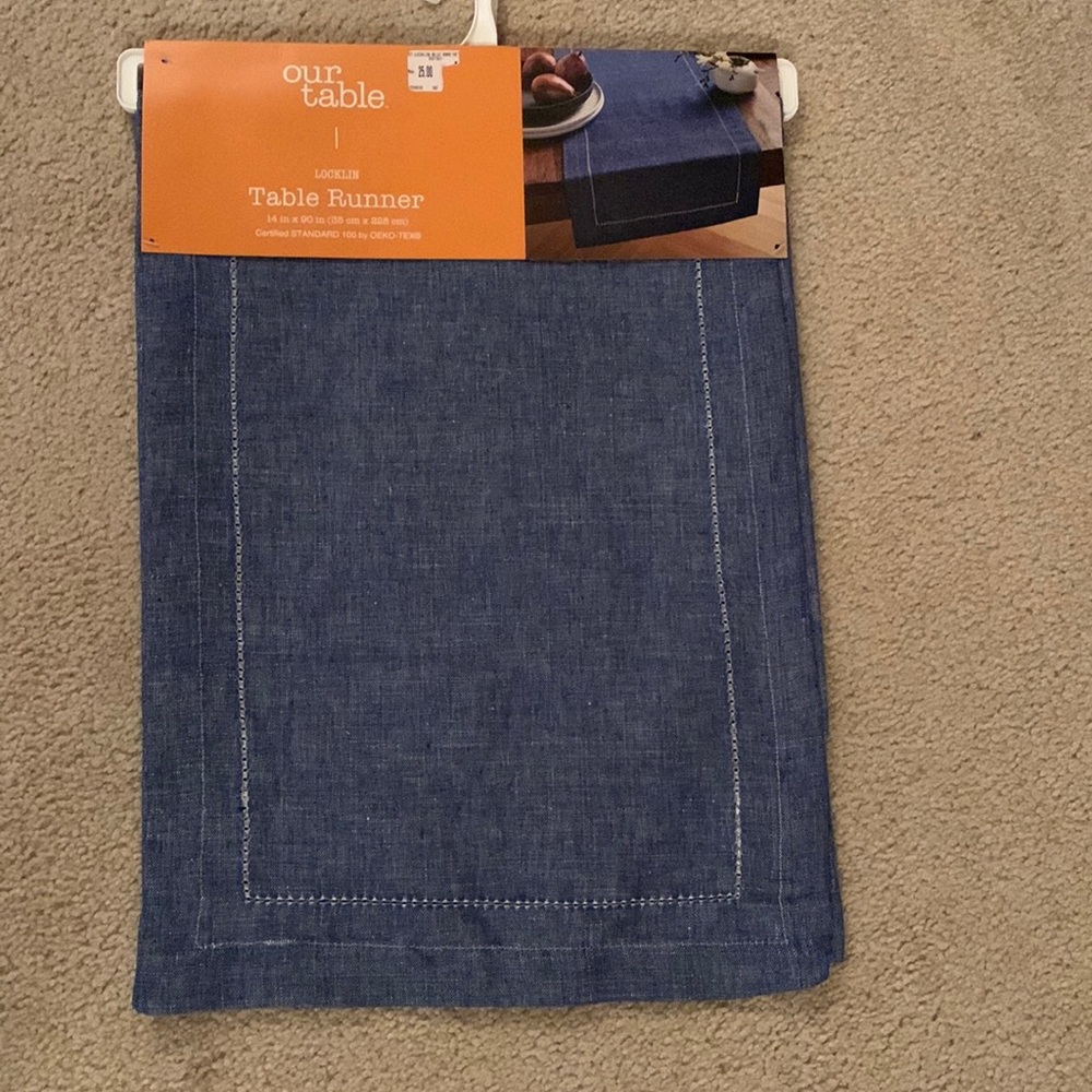 Our Table Locklin Blue Table Runner, measures 14 x 90, brand new with tags